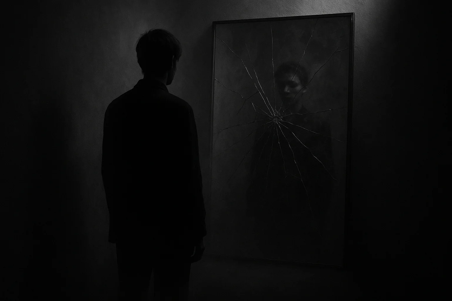 Человек стоит у разбитого зеркала