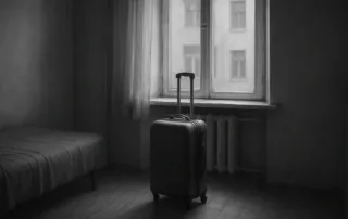 Собраный чемодан стоит в комнате у окна