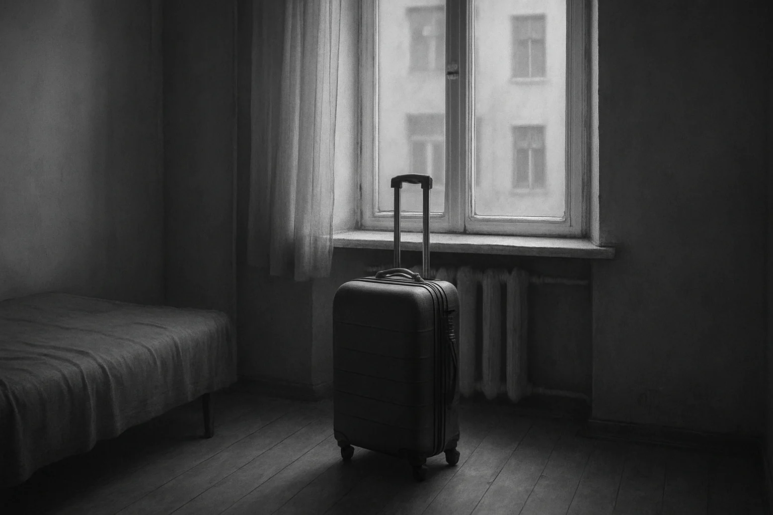 Собраный чемодан стоит в комнате у окна