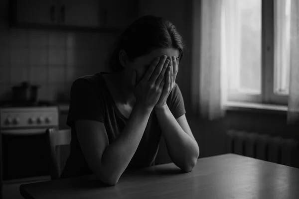 plachushhaya-devushka-sidit-za-stolom-i-zakryvaet-liczo-rukami Женщина сидит за столом и закрывает лицо руками, символ боли и отчаяния