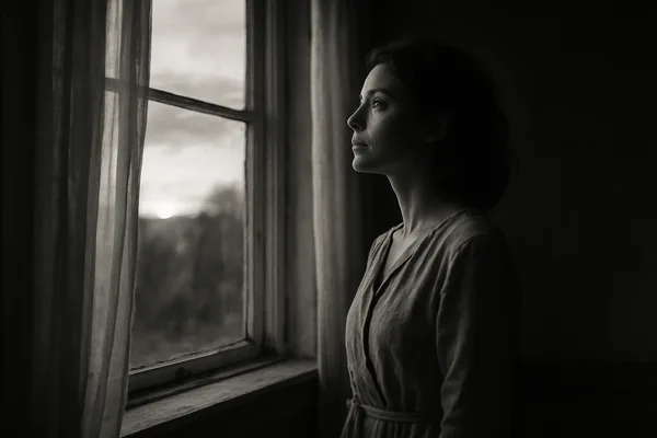 zadumchivaya-devushka-stoit-u-okna Зимняя улица с одинокими следами на снегу, символ ухода и расстояния