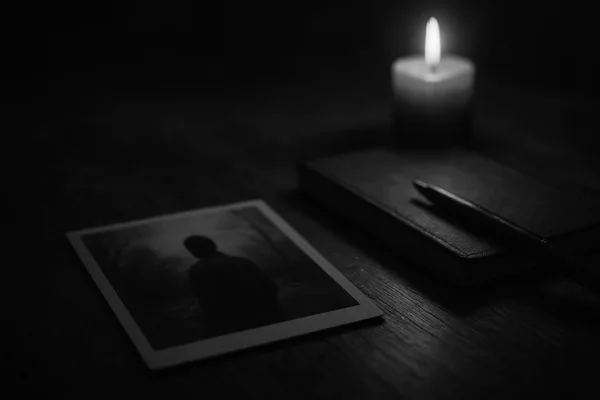 fotografiya-i-bloknot-s-ruchkoj-lezhat-na-stole-u-svechi Фотография на подоконнике рядом с блокнотом и ручкой, атмосфера воспоминаний