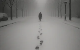 Человек зимой уходит в даль оставляя следы на снегу