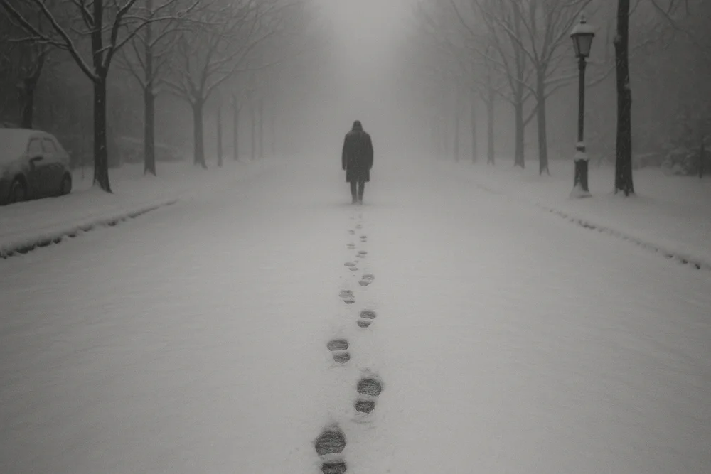 Человек зимой уходит в даль оставляя следы на снегу